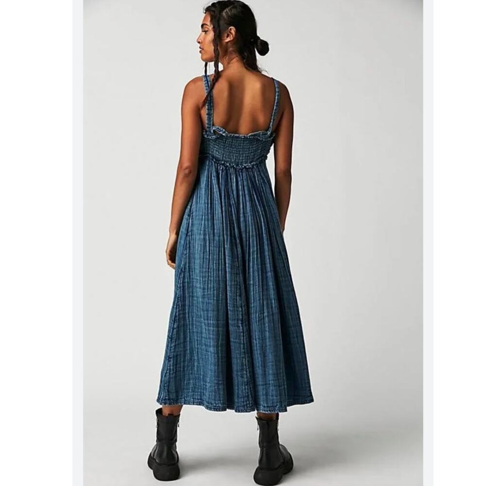 Free People Dolly Denim Midi Dress Rosette‎ Blue - Size Medium - Picture 2 of 8